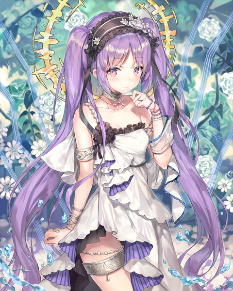Anime picture 1100x1375 with fate (series) fate/hollow ataraxia euryale (fate) momoko (momopoco) single tall image looking at viewer blush fringe smile standing purple eyes twintails signed payot purple hair very long hair floral background girl dress