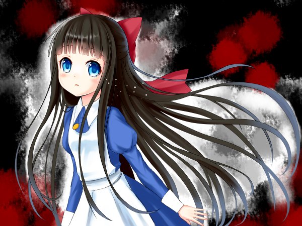 Anime picture 1200x900 with setona (daice) single long hair looking at viewer blush blue eyes black hair tears dark background girl dress bow hair bow pendant