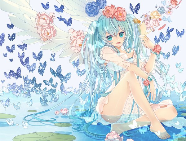 Anime picture 1000x759 with vocaloid hatsune miku mia0309 single long hair open mouth twintails barefoot aqua eyes aqua hair legs girl dress flower (flowers) wings water insect butterfly