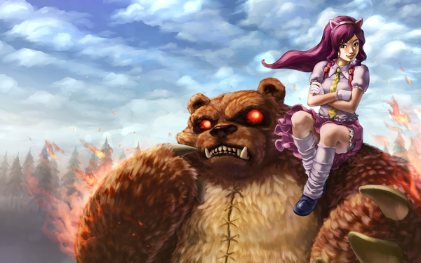Anime picture 1680x1050 with league of legends annie (league of legends) shaco (league of legends) single looking at viewer red eyes wide image green eyes animal ears sky purple hair cloud (clouds) cat ears teeth fang (fangs) crossed arms girl dress gloves tree (trees)