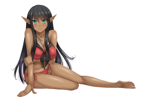 Anime picture 1052x744 with original chiro (pixiv) single long hair looking at viewer blush breasts blue eyes light erotic black hair smile white background pointy ears dark skin girl swimsuit bikini