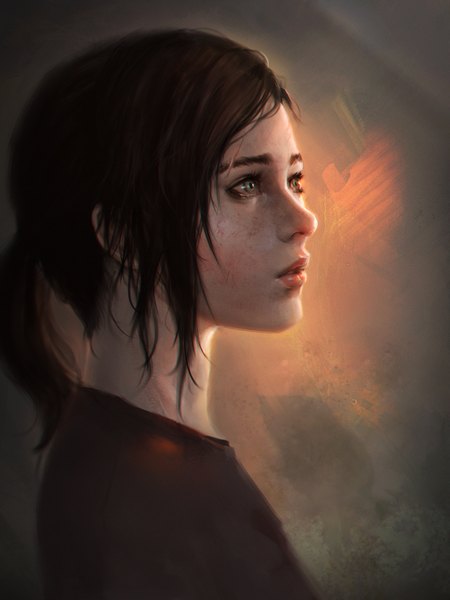 Anime picture 975x1300 with the last of us ellie arieaesu single long hair tall image open mouth simple background brown hair green eyes looking away ponytail profile lips realistic light close-up girl