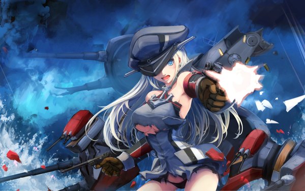 Anime picture 1920x1200 with kantai collection bismarck battleship pepsimen single long hair highres open mouth blue eyes light erotic white hair torn clothes battle girl gloves underwear panties weapon gun peaked cap