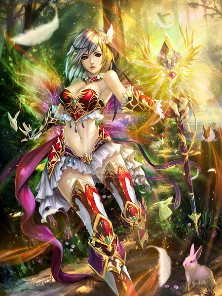 Anime picture 800x1066 with original chaosringen single tall image looking at viewer short hair red eyes bare shoulders white hair hair flower realistic sparkle watermark nature running fairy navel hair ornament flower (flowers) plant (plants)