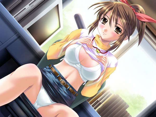 Anime picture 1024x768 with harem days (game) light erotic brown hair brown eyes game cg girl underwear panties