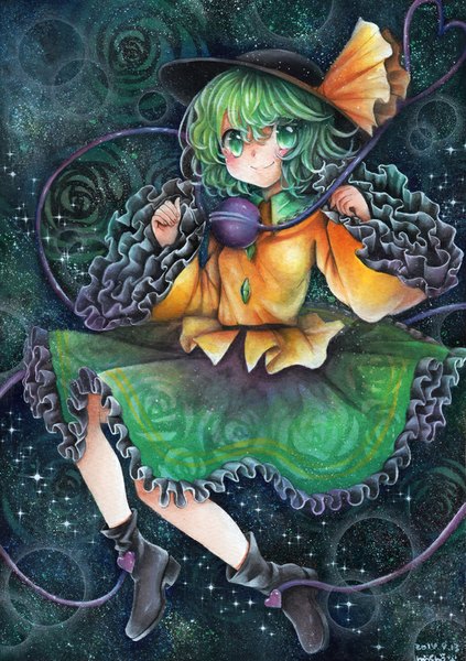 Anime picture 705x1000 with touhou komeiji koishi mosho single tall image blush short hair smile green eyes signed green hair weightlessness traditional media watercolor (medium) girl hat boots frills