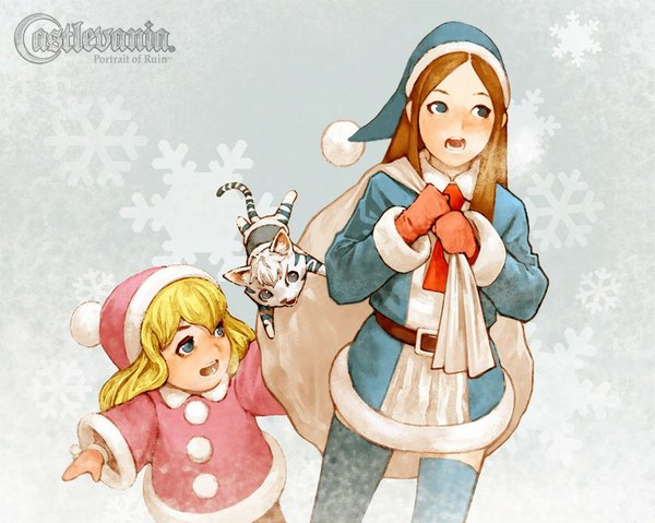 Anime picture 1024x819 with long hair open mouth blue eyes blonde hair brown hair multiple girls fur trim winter girl thighhighs 2 girls hat animal fur cat snowflake (snowflakes) child (children) santa claus costume
