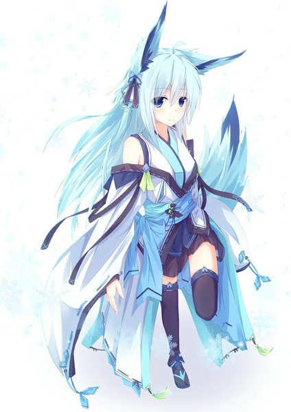 Anime picture 723x1023 with original nagishiro mito single long hair tall image blush blue eyes white background animal ears blue hair tail animal tail girl thighhighs black thighhighs detached sleeves