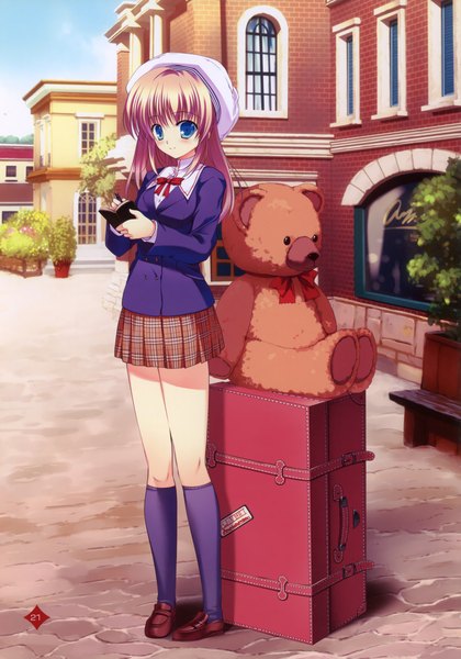 Anime picture 3265x4666 with mikeou single long hair tall image highres short hair blue eyes blonde hair smile standing absurdres outdoors city writing girl socks building (buildings) teddy bear suitcase