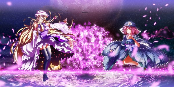 Anime picture 1329x664 with touhou yakumo yukari saigyouji yuyuko ryouma (galley) short hair blonde hair smile red eyes wide image purple eyes bare shoulders pink hair very long hair cherry blossoms flying girl thighhighs dress black thighhighs detached sleeves