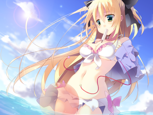 Anime picture 1500x1132 with original kisaragi kiriha single long hair blonde hair green eyes cloud (clouds) girl navel swimsuit bikini food sweets white bikini ice cream