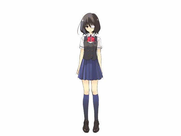 Anime picture 1280x960 with another p.a. works misaki mei single short hair black hair red eyes white background girl uniform school uniform eyepatch knee socks