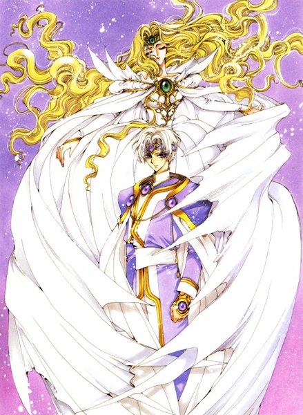 Anime picture 2051x2800 with magic knight rayearth clamp emeraude eagle vision long hair tall image looking at viewer highres short hair breasts simple background blonde hair purple eyes white hair eyes closed lips wavy hair girl dress boy
