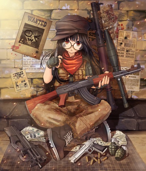 Anime picture 1888x2203 with original qing (pixiv id4667708) single long hair tall image looking at viewer highres black hair sitting brown eyes girl gloves navel weapon glasses boots gun pants pistol neckerchief
