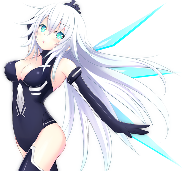 Anime picture 1000x928 with kirimoti34 single long hair breasts blue eyes light erotic simple background white background white hair girl gloves wings elbow gloves bodysuit