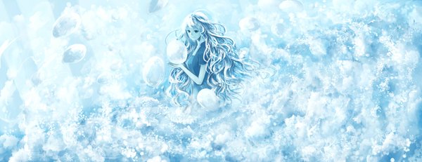 Anime picture 1880x726 with original bounin single long hair looking at viewer highres simple background smile wide image wavy hair blue background girl water bubble (bubbles) wave (waves)