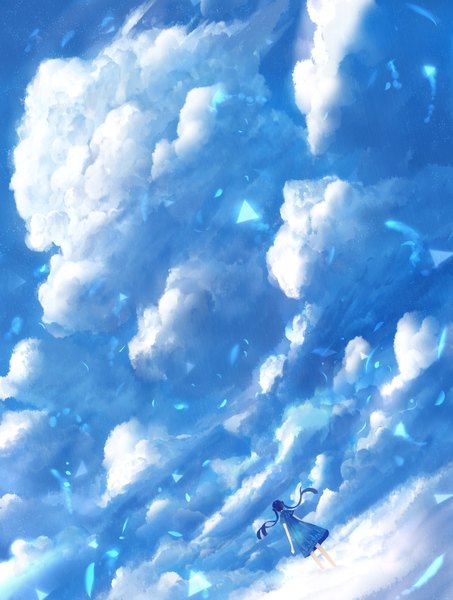 Anime picture 850x1125 with original bounin single long hair tall image standing twintails blue hair sky cloud (clouds) wind from behind bare legs short sleeves puffy sleeves back girl dress blue dress