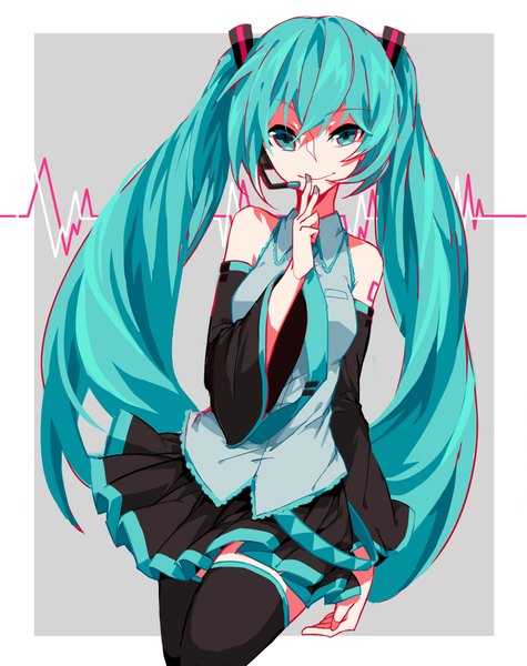 Anime picture 1600x2019 with vocaloid hatsune miku mujun atama single long hair tall image looking at viewer smile twintails bare shoulders nail polish aqua eyes aqua hair grey background border finger to mouth outside border aqua nail polish girl thighhighs