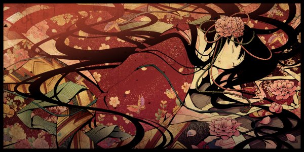 Anime picture 2400x1200 with original pd-x long hair highres black hair wide image eyes closed japanese clothes hair flower sleeping girl hair ornament flower (flowers) kimono