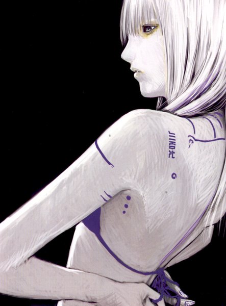 Anime picture 1024x1385 with blame! cibo nihei tsutomu single long hair tall image simple background silver hair tattoo back black background girl
