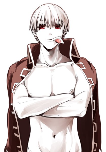 Anime picture 811x1158 with gintama sunrise (studio) okita sougo satoimo single tall image looking at viewer fringe short hair light erotic simple background hair between eyes red eyes white background nipples bare belly crossed legs monochrome clothes on shoulders condom in mouth