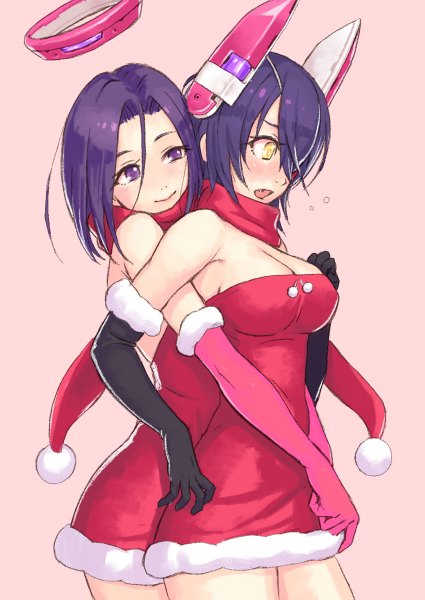 Anime picture 850x1200 with kantai collection tenryuu light cruiser tatsuta light cruiser yuuji (and) tall image blush fringe short hair breasts open mouth light erotic simple background smile hair between eyes large breasts purple eyes bare shoulders multiple girls yellow eyes purple hair