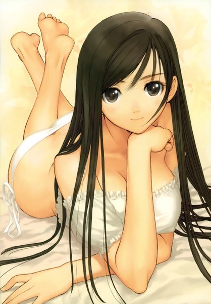Anime picture 2092x3000 with original tony taka single long hair tall image highres light erotic brown hair cleavage barefoot light smile black eyes arm support girl underwear panties