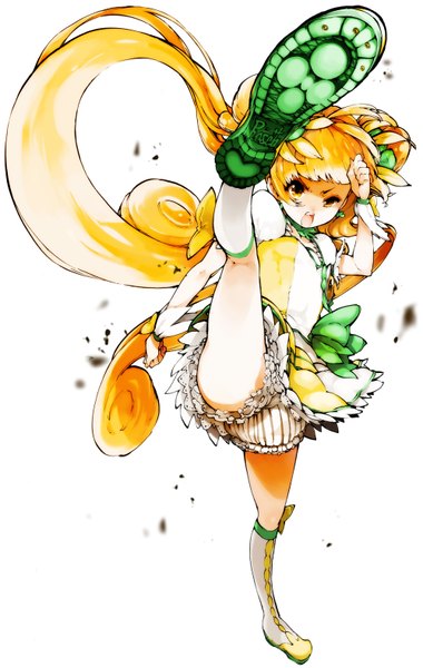 Anime picture 1000x1576 with precure dokidoki! precure toei animation yotsuba alice cure rosetta mittwoch single tall image looking at viewer open mouth blonde hair simple background white background twintails yellow eyes very long hair soles fighting stance girl dress