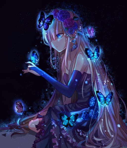 Anime picture 3000x3500 with original krain0406 single tall image fringe highres blue eyes simple background hair between eyes sitting bare shoulders signed looking away very long hair nail polish profile hair flower hair over one eye outstretched arm glowing