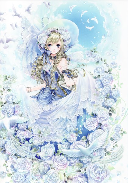 Anime picture 3265x4661 with shiitake (gensoudou) single long hair tall image fringe highres blue eyes smile standing bare shoulders looking away absurdres sky cloud (clouds) lips drill hair girl dress flower (flowers) bow