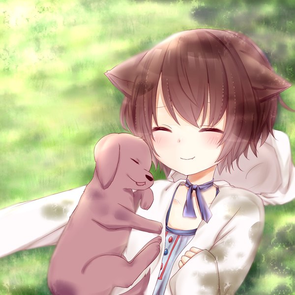 Anime picture 1600x1600 with original misa (kaeruhitode) single blush short hair brown hair animal ears lying eyes closed light smile girl plant (plants) animal choker grass dog