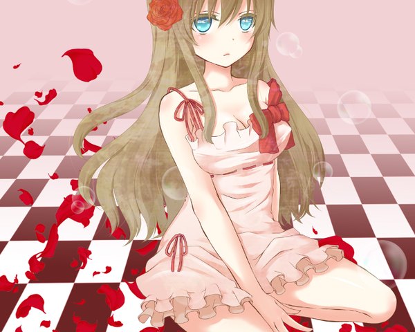 Anime picture 1280x1024 with alice in wonderland alice (wonderland) baraichigo single long hair blush blue eyes blonde hair bare shoulders hair flower checkered floor cropped girl dress hair ornament petals