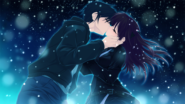 Anime picture 1024x576 with nekonade distortion nanakase yui long hair short hair black hair wide image game cg red hair eyes closed couple snowing winter kiss girl boy jacket