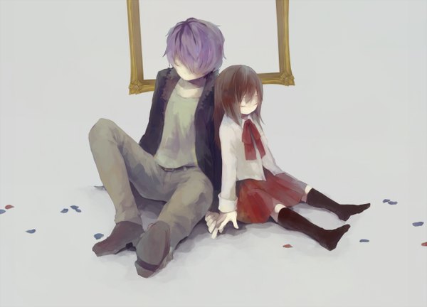 Anime picture 1250x900 with ib (game) garry (ib) ib (ib) long hair fringe short hair simple background brown hair white background sitting purple hair eyes closed hair over one eye couple holding hands framed girl boy skirt shirt