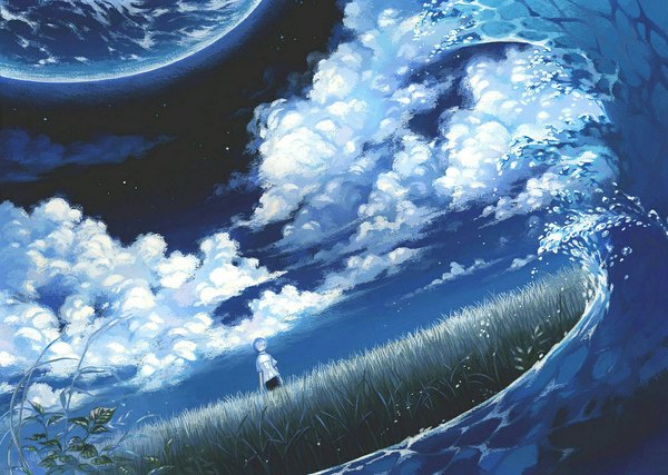 Anime picture 1000x713 with original akasioukan short hair sky cloud (clouds) white hair boy plant (plants) shirt water star (stars) grass