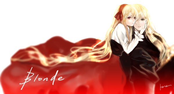 Anime picture 1747x949 with unlight donita say hana looking at viewer highres simple background blonde hair red eyes wide image white background green eyes signed very long hair inscription hand on face girl skirt hairband blouse