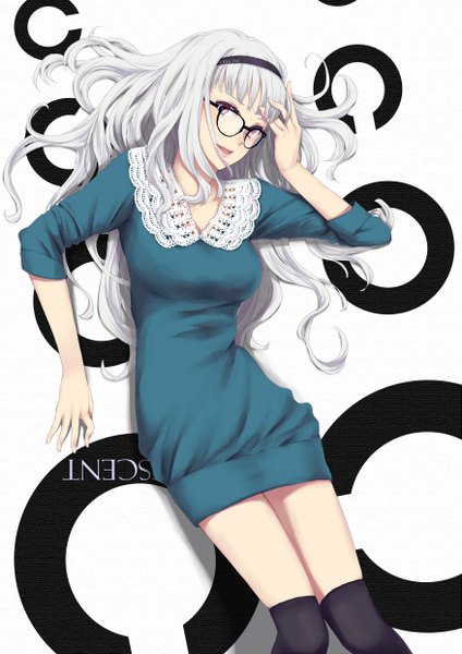 Anime picture 1753x2480 with idolmaster shijou takane sei-teki single long hair tall image highres white hair pink eyes girl thighhighs black thighhighs glasses hairband