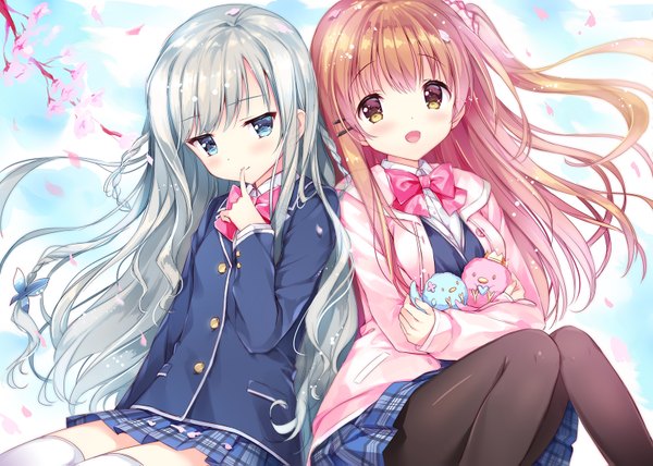 Anime picture 1600x1143 with koi kakeru shin-ai kanojo us:track (studio) himeno sena morino seika kimishima ao long hair looking at viewer blush breasts open mouth blue eyes blonde hair smile brown hair sitting multiple girls holding game cg sky cloud (clouds)