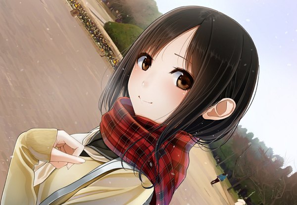 Anime picture 1062x735 with original kentaurosu single long hair looking at viewer blush black hair smile brown eyes girl uniform school uniform scarf