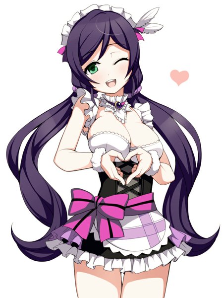 Anime picture 750x1000 with love live! school idol project sunrise (studio) love live! toujou nozomi torigoe takumi single long hair tall image blush breasts open mouth light erotic simple background white background twintails green eyes purple hair one eye closed wink maid