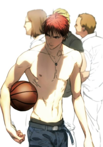 Anime picture 600x850 with kuroko no basket production i.g kagami taiga tuna1812 tall image fringe short hair white background holding looking away red hair shadow muscle shirtless boy navel belt pendant pants ring