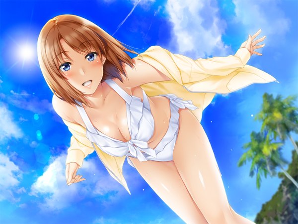 Anime picture 1320x990 with original n69 single looking at viewer blush short hair breasts blue eyes light erotic brown hair sky cloud (clouds) girl swimsuit bikini white bikini