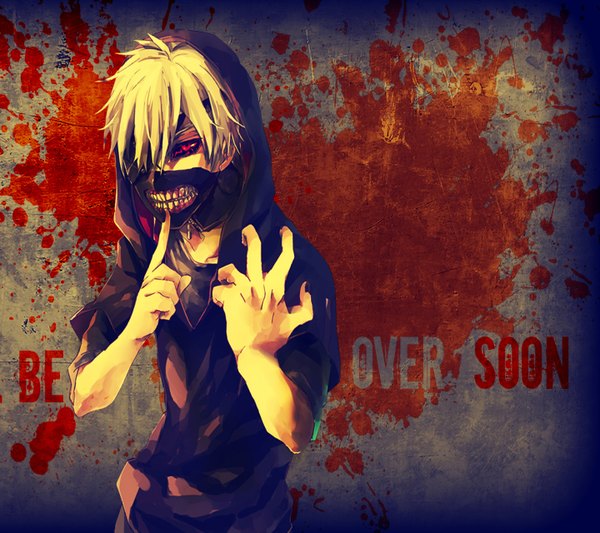 Anime picture 1440x1280 with tokyo ghoul studio pierrot kaneki ken single looking at viewer fringe short hair blonde hair hair between eyes red eyes standing nail polish fingernails wallpaper finger to mouth eyebrows black sclera boy hood mask