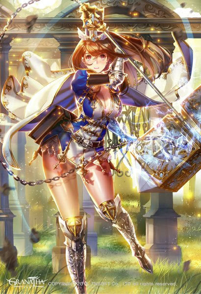 Anime picture 700x1024 with original genjin single long hair tall image looking at viewer red eyes brown hair girl dress weapon boots chain hammer