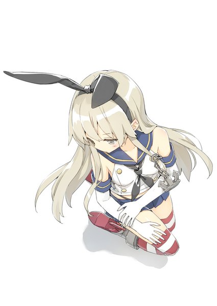 Anime picture 637x900 with kantai collection shimakaze destroyer peko single long hair tall image blush fringe simple background white background bare shoulders silver hair from above looking down silver eyes girl thighhighs skirt gloves bow