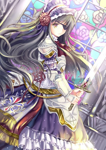 Anime picture 723x1023 with original wataame27 single long hair tall image black hair brown eyes looking away wind girl weapon sword hairband armor eyepatch armored dress stained glass