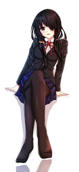 Anime picture 693x1500 with date a live tokisaki kurumi itachi kanade single long hair tall image looking at viewer blush fringe open mouth black hair simple background red eyes white background hair over one eye crossed legs girl skirt uniform school uniform