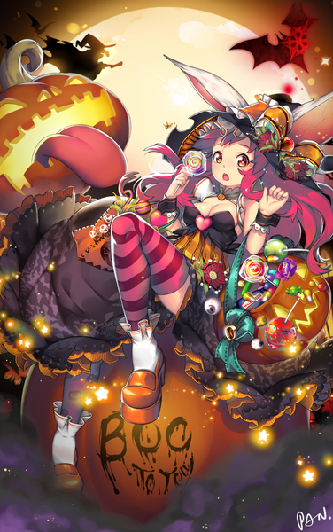 Anime picture 691x1100 with original kashi kosugi long hair tall image looking at viewer blush breasts open mouth red eyes animal ears bent knee (knees) red hair arms up :o dark background halloween witch girl thighhighs dress