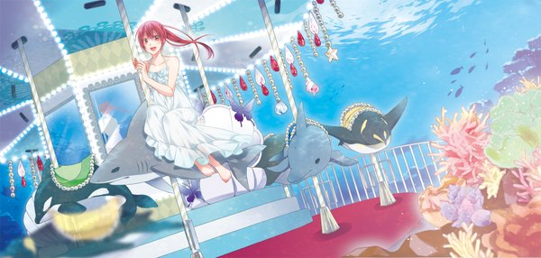 Anime picture 1783x850 with free! kyoto animation matsuoka gou hatsubi single looking at viewer fringe highres open mouth red eyes wide image sitting ponytail red hair barefoot girl dress water fish (fishes) coral
