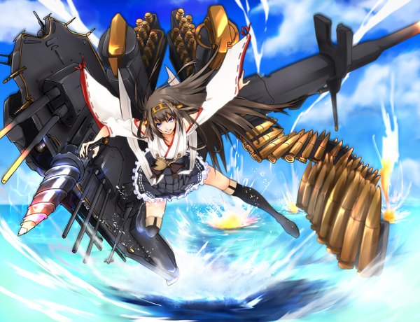 Anime picture 1250x960 with kantai collection kongou battleship big.g single long hair blue eyes black hair sky cloud (clouds) nontraditional miko girl thighhighs skirt hair ornament weapon black thighhighs detached sleeves water